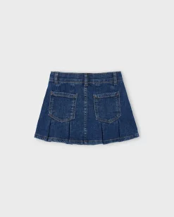 Gonna jeans Mayoral lavaggio blu scuro stone washed con pieghe e tasche