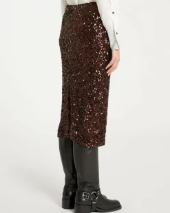 Gonna midi a tubino marrone Marella in paillettes all over con spacco