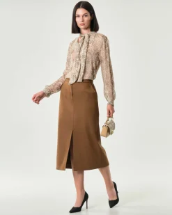 Gonna midi color cuoio Emme Marella in tessuto effetto suede con spacco centrale