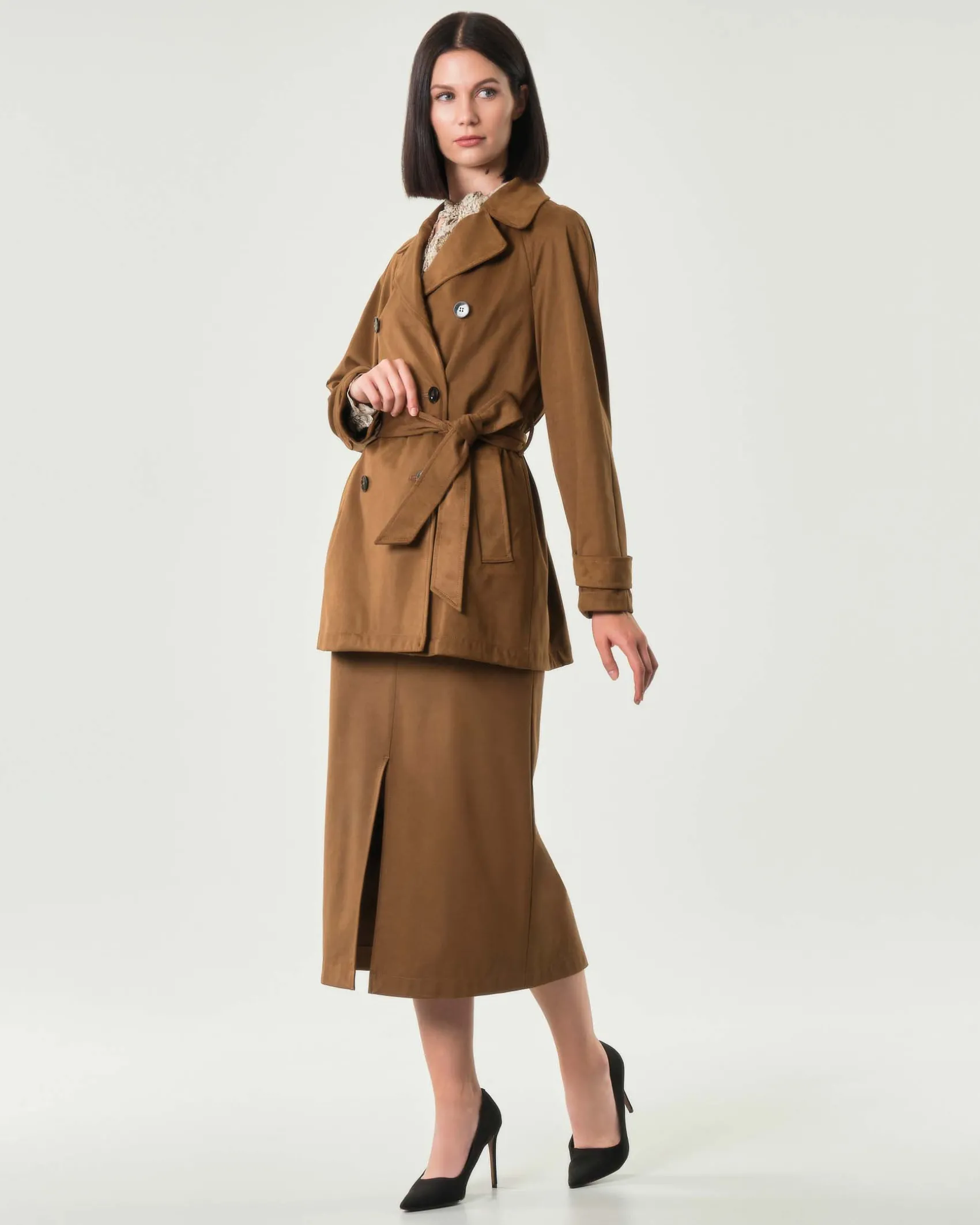 Gonna midi color cuoio Emme Marella in tessuto effetto suede con spacco centrale