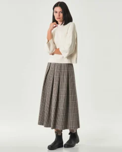 Gonna midi Hlo! a ruota a fantasia scozzese marrone e beige a faldoni
