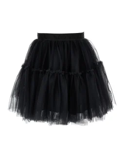 Gonna Monnalisa nera in tulle mano seta con balza al fondo e fascia elastica in vita con logo parlato in tono