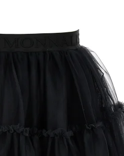 Gonna Monnalisa nera in tulle mano seta con balza al fondo e fascia elastica in vita con logo parlato in tono