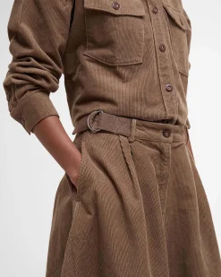 Gonne midi Yasmin Barbour color cammello dalla linea a ruota in velluto a costine con cinturini in vita