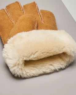 Guanti Pellizzari in pelle scamosciata color cammello con pelliccia bianca interna