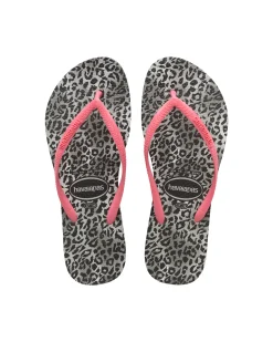 Havaianas Slim Leopard con stampa animaler grigia e nera e fascetta rosa