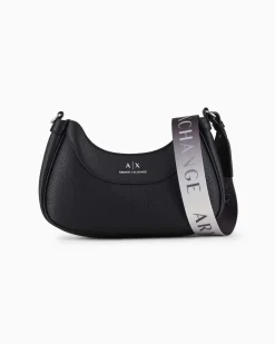 Hobo bag nera piccola in similpelle martellata con tracolla in gros grain e scritta logo continua a contrasto di colore