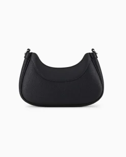 Hobo bag nera piccola in similpelle martellata con tracolla in gros grain e scritta logo continua a contrasto di colore