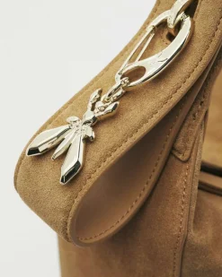 Hobo bag New Moon Patrizia Pepe in pelle scamosciata color cuoio con portachiavi Fly
