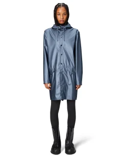Impermeabile Long Jacket color avio effetto metallizzato con cappuccio dalla finitura metallica