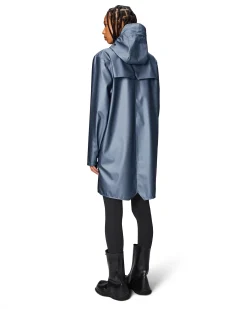 Impermeabile Long Jacket color avio effetto metallizzato con cappuccio dalla finitura metallica
