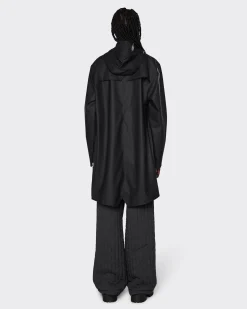 Impermeabile Long Jacket nera con cappuccio dalla finitura metallica