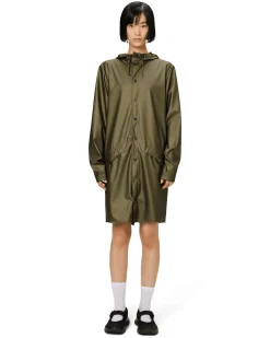 Impermeabile Long Jacket verde militare metallizzato con cappuccio dalla finitura metallica