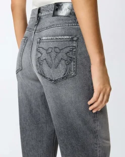 Jeans balloon-fit Pinko neri delavè in cotone stretch con salpa logata sul retro