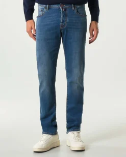 Jeans Jacob Cohen Nick slim-fit in cotone stretch lavaggio medio stone washed con baffature