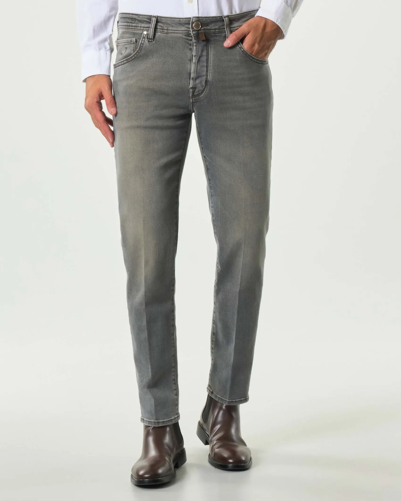 Jeans Jacob Cohen Scott carrot-fit in cotone stretch lavaggio grigio stone washed con sabbiature