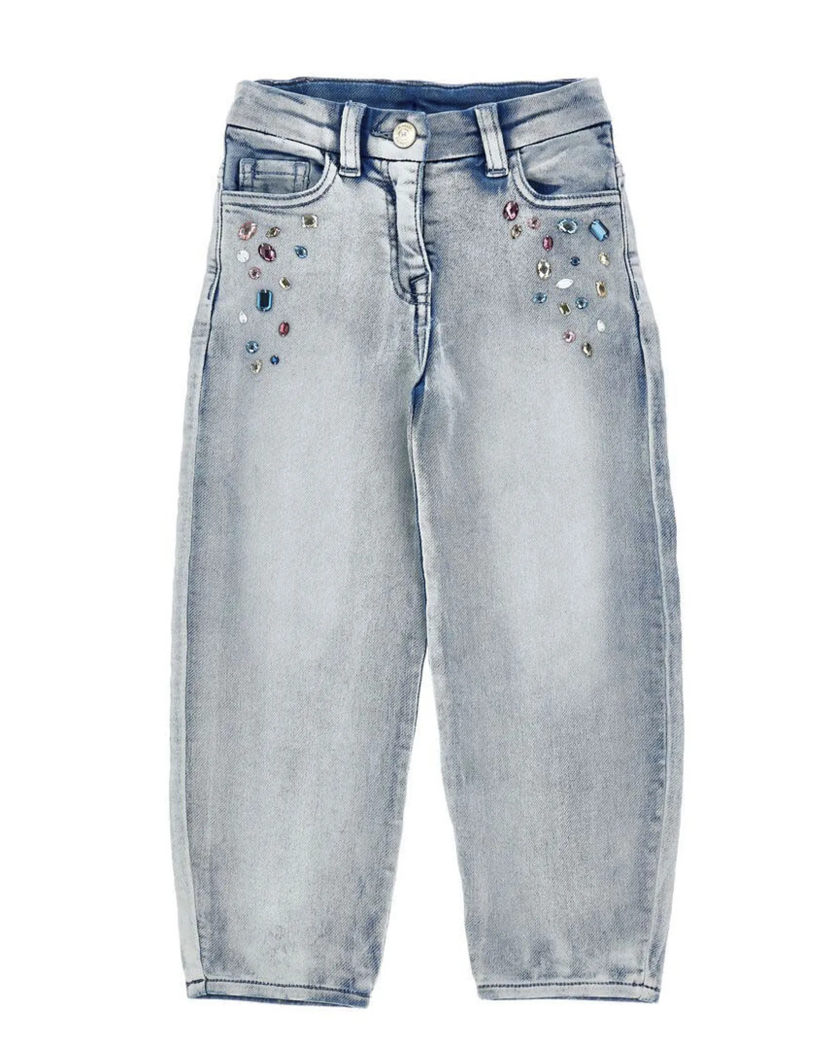 Jeans Monnalisa baloon fit lavaggio chiaro con strass multicolore applicati