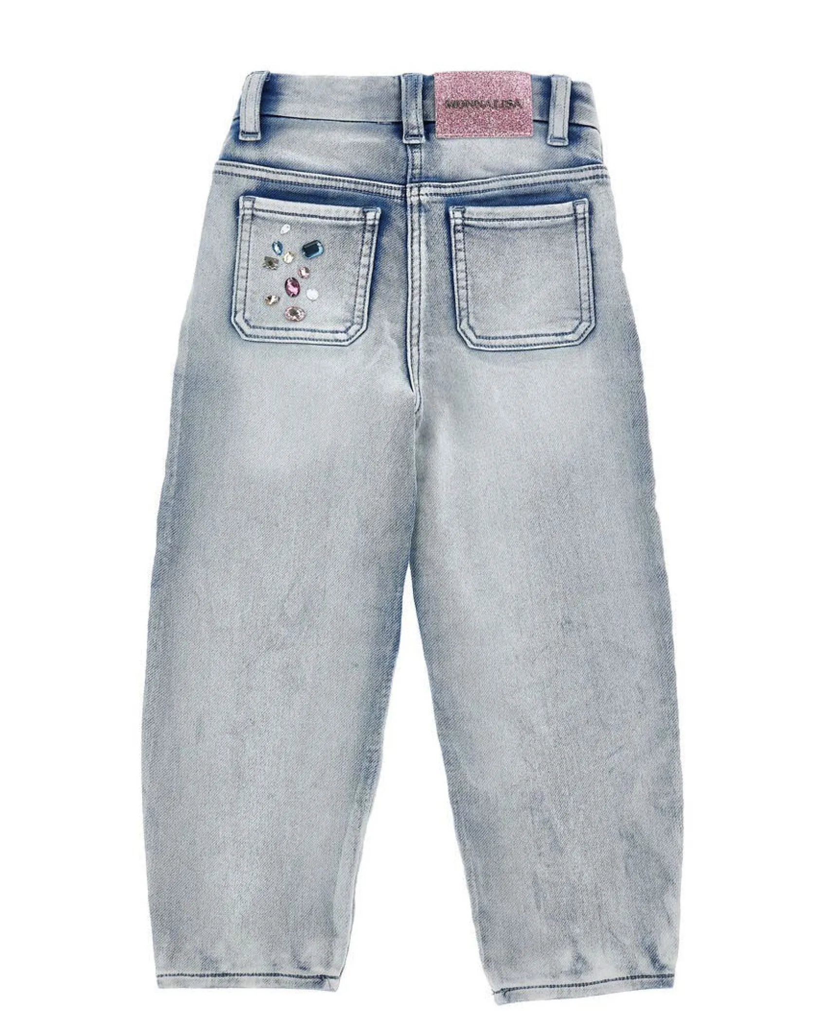 Jeans Monnalisa baloon fit lavaggio chiaro con strass multicolore applicati