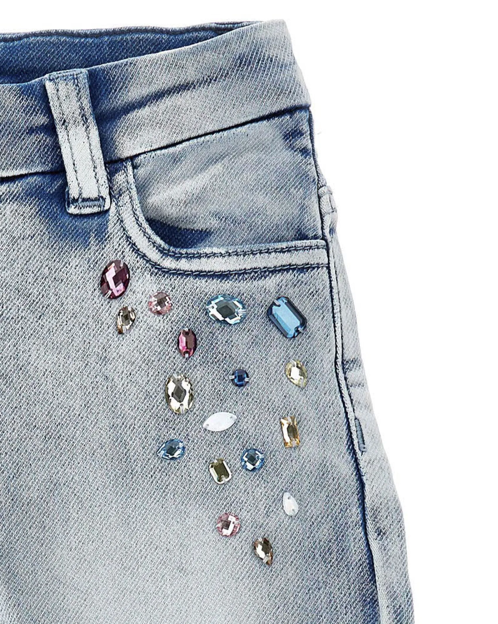 Jeans Monnalisa baloon fit lavaggio chiaro con strass multicolore applicati