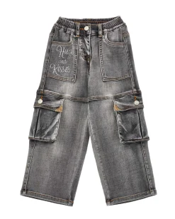 Jeans Monnalisa cargo nero stone washed in cotone stretch wide leg
