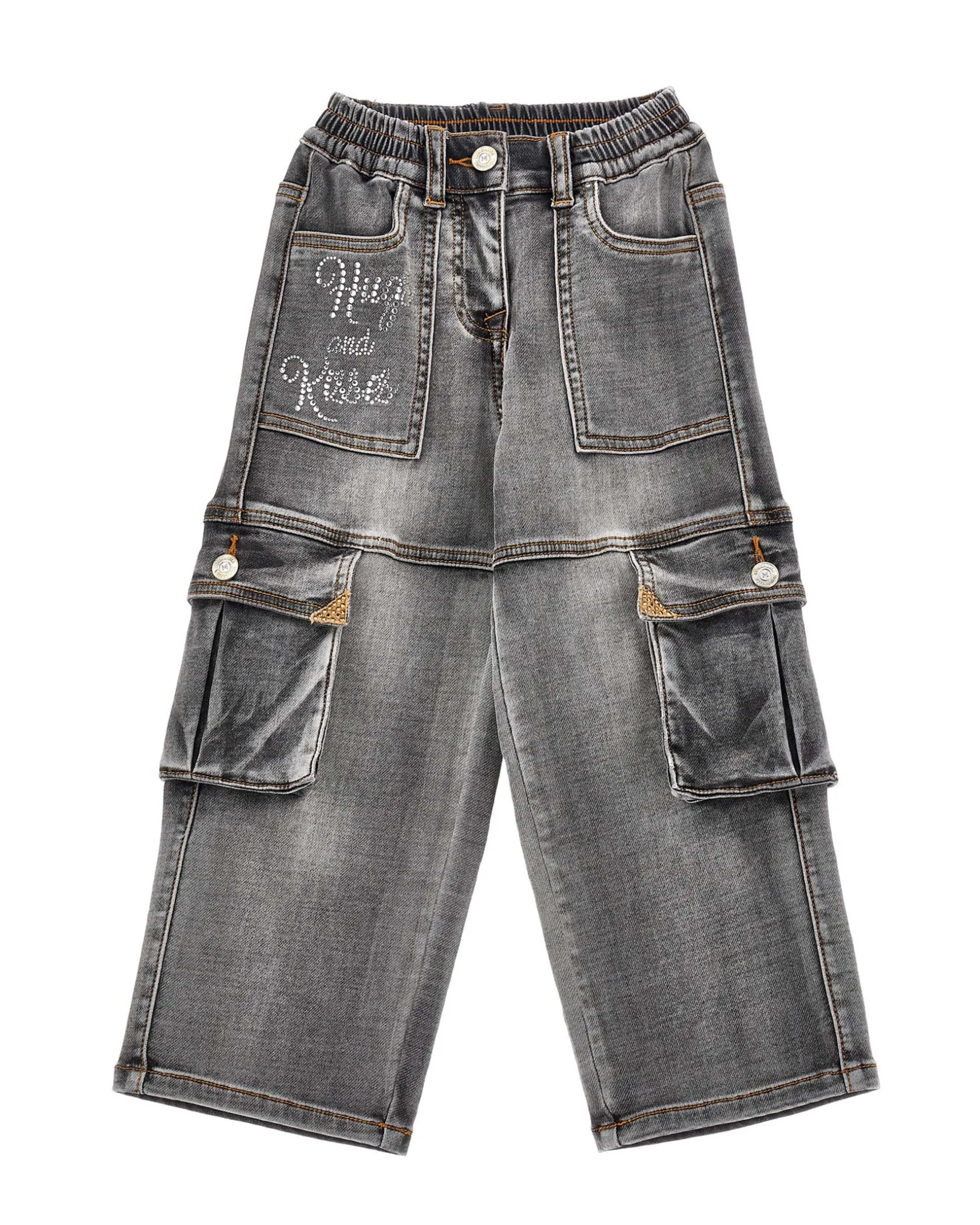Jeans Monnalisa cargo nero stone washed in cotone stretch wide leg