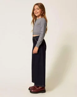 Jeans Twinset wide leg blu scuro in cotone elasticizzato