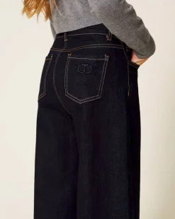 Jeans Twinset wide leg blu scuro in cotone elasticizzato