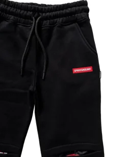 Jogger in felpa di cotone neri con coulisse e strappi