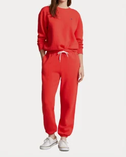 Joggers in felpa di cotone colore corallo con coulisse in vita