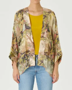 Kimono corto avorio a fantasia dipinto di paesaggio verde gialla e fucsia in cupro e modal