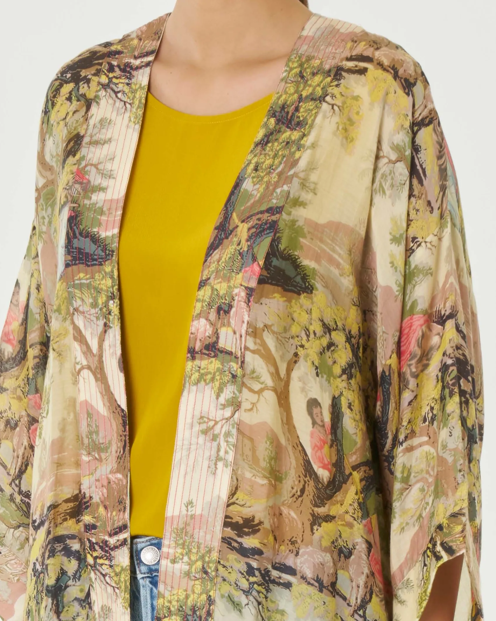 Kimono corto avorio a fantasia dipinto di paesaggio verde gialla e fucsia in cupro e modal