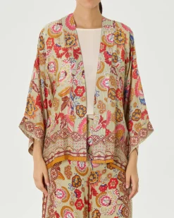 Kimono corto verde chiaro a fantasia floreale d'ispirazione indiana arancio e multicolore in cupro e modal