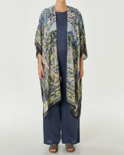Kimono lungo blu a fantasia barocca azzurra beige e verde in misto cupro e modal