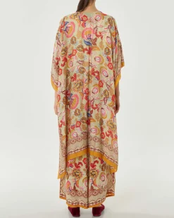 Kimono lungo verde chiaro a fantasia floreale d'ispirazione indiana arancio e multicolore in cupro e modal