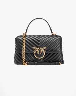 Lady Bag in pelle nera con motivo a chevron e manico a mano e fibbia Love Birds dorata