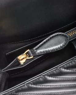 Lady Bag in pelle nera con motivo a chevron e manico a mano e fibbia Love Birds dorata
