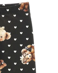 Leggins nero Monnalisa in cotone stretch con cuori e orsetti