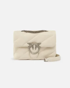 Love Bag Puff bianca in nappa misura piccola con motivo matelassè obliquo e fibbia argento Love Birds