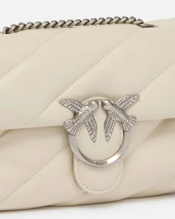 Love Bag Puff bianca in nappa misura piccola con motivo matelassè obliquo e fibbia argento Love Birds