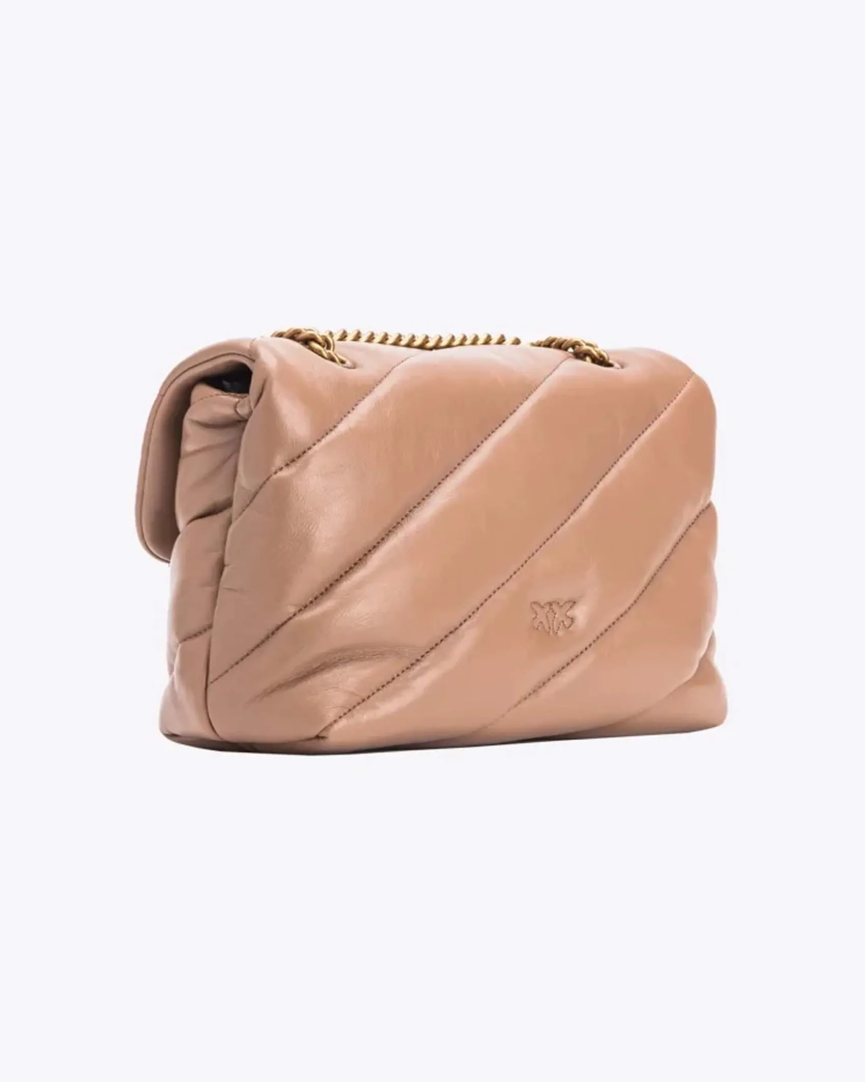 Love Bag Puff color cammello in nappa misura media con motivo matelassè obliquo e fibbia dorata Love Birds