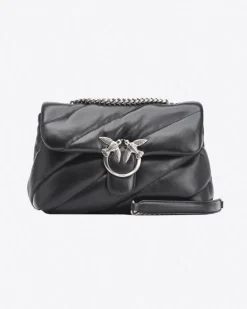 Love Bag Puff nera in nappa misura media con motivo matelassè obliquo e fibbia argento Love Birds