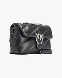 Love Bag Puff nera in nappa misura media con motivo matelassè obliquo e fibbia argento Love Birds