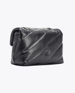 Love Bag Puff nera in nappa misura media con motivo matelassè obliquo e fibbia argento Love Birds