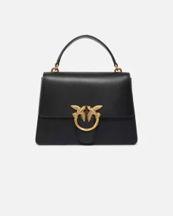 Love Bag Top Handle Light nera Pinko in pelle liscia a forma a trapezio con fibbia Love Birds dorata sulla patta di chiusura