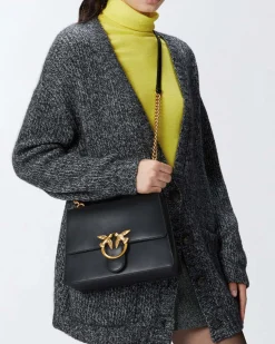 Love Bag Top Handle Light nera Pinko in pelle liscia a forma a trapezio con fibbia Love Birds dorata sulla patta di chiusura