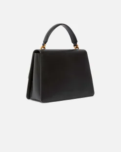 Love Bag Top Handle Light nera Pinko in pelle liscia a forma a trapezio con fibbia Love Birds dorata sulla patta di chiusura