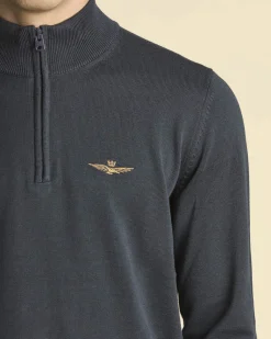 Maglia Aeronautica Militare blu in puro cotone con chiusura a mezza zip
