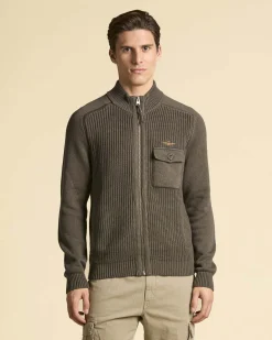 Maglia Aeronautica Militare color fango a coste inglesi con collo alto chiusura zip e taschino al petto