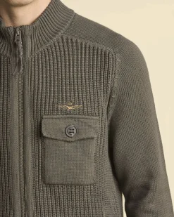 Maglia Aeronautica Militare color fango a coste inglesi con collo alto chiusura zip e taschino al petto