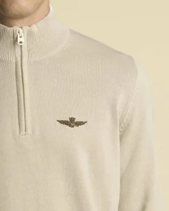 Maglia Aeronautica Militare beige in puro cotone con chiusura a mezza zip